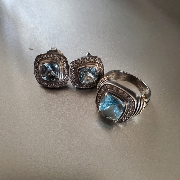 Aquamarine Ring and Earrings Set..diamond chips detail. size 7 ring - Picture 2 of 8